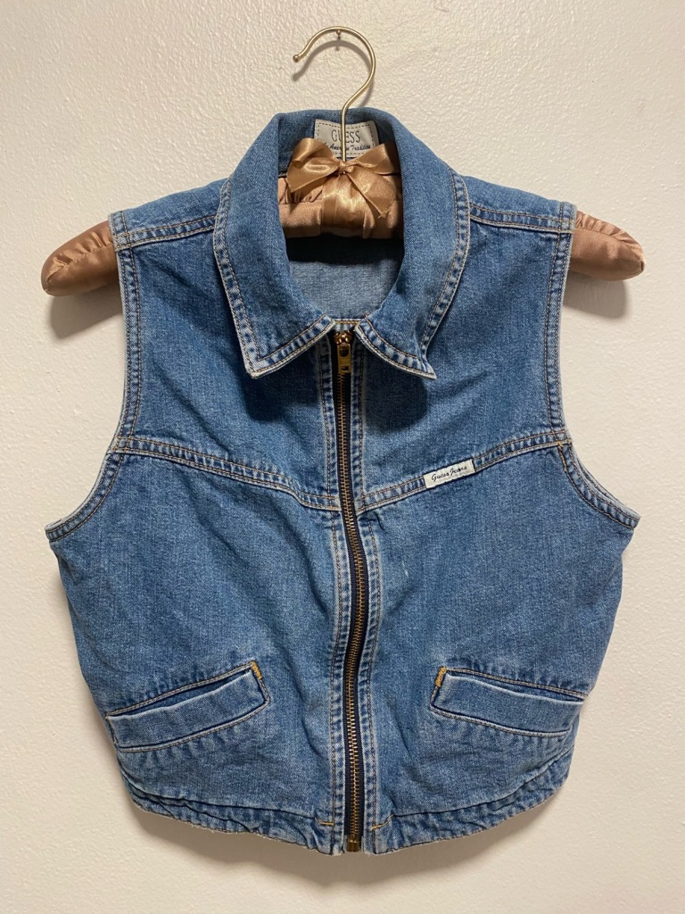 1990s Vintage Guess Blue Denim Cropped Zipper Vest